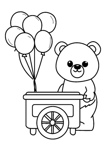 Cute Bear Pushing Balloon Cart coloring page