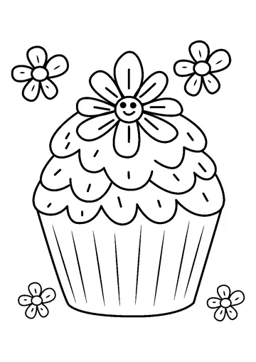 Sweet Cupcake with Happy Flower coloring page