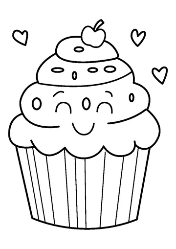 Smiling Cupcake with Hearts coloring page