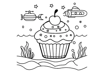 Cupcake Submarine Adventure coloring page