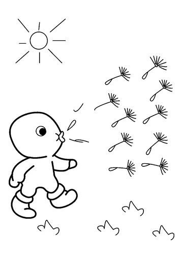 Cute Character Blows Dandelions coloring page