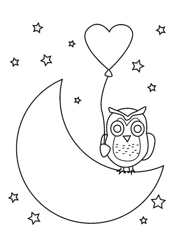 Owl On The Moon With Love Balloon coloring page