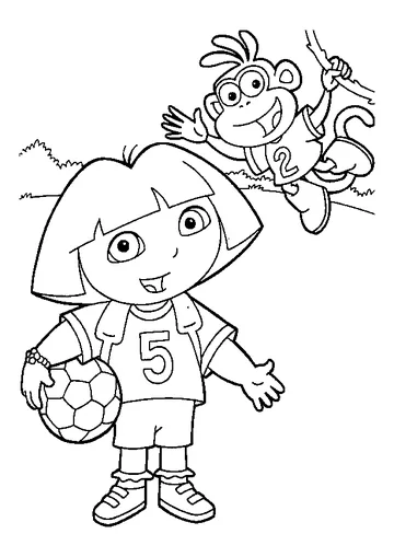 Dora and Monkey Boots play soccer coloring page