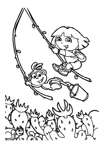 Dora and Monkey Boots swinging rope coloring page