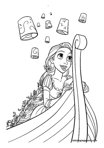 Rapunzel looks at the lanterns in the sky coloring page