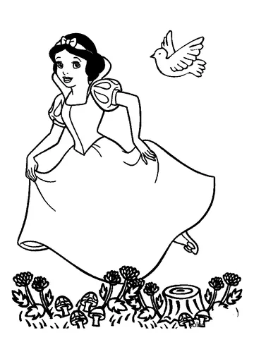 Running Snow White and a dove following coloring page