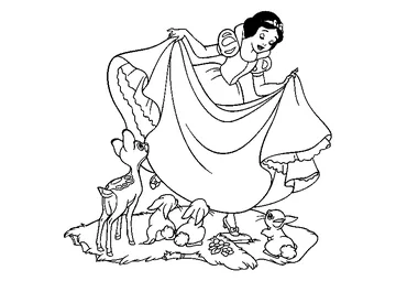 Snow White dances in front of the animals coloring page
