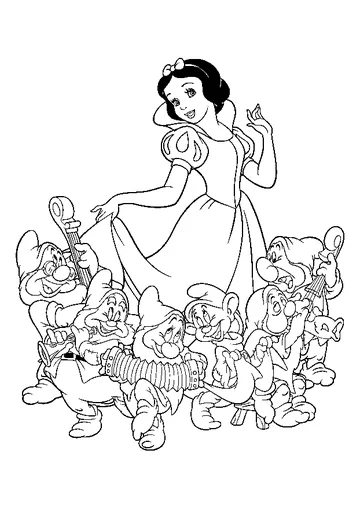 Snow White sings happily with the seven dwarfs coloring page