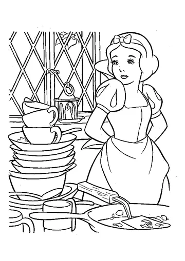 Snow White with a stack of unwashed dishes coloring page