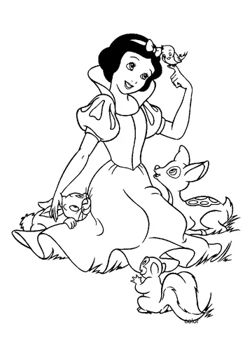 Snow white and cute animals coloring page