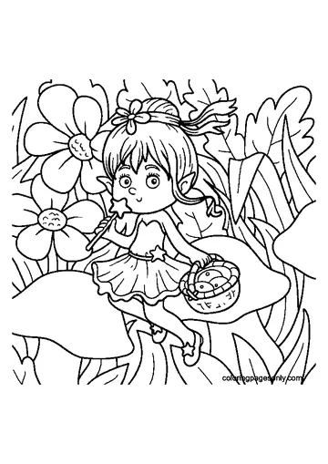 Little Fairy picking Mushrooms coloring page
