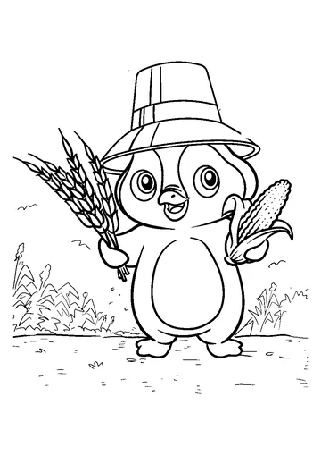 Penguin Picking Corn in the Field coloring page