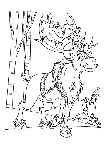 Snowman Olaf and Sven Reindeer coloring page