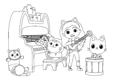 Gabby, Pandy Paws, DJ Catnip and Pillow Cat coloring page