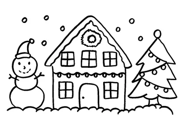 Christmas House with Tree and Snowman coloring page