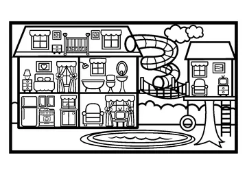 House, Slide and Tree coloring page