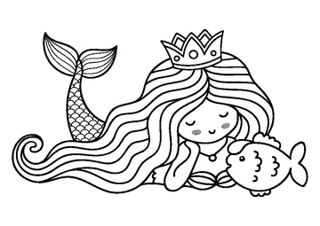 Little Mermaid and Cute Fish coloring page
