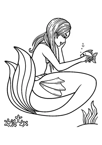Mermaid holding fish in her Hand coloring page