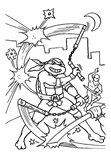 Michelangelo Fighting with Nunchucks coloring page