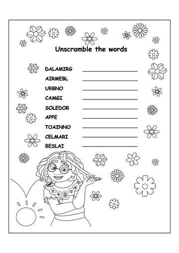 Unscramble the words with Mirabel coloring page