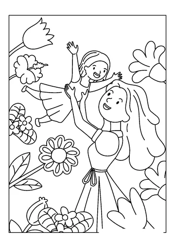 Mother Holding Daughter with Flowers coloring page