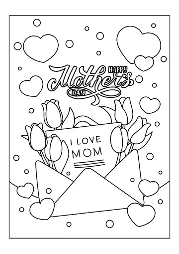 Mother's Day Greeting Card with Flowers and Hearts coloring page