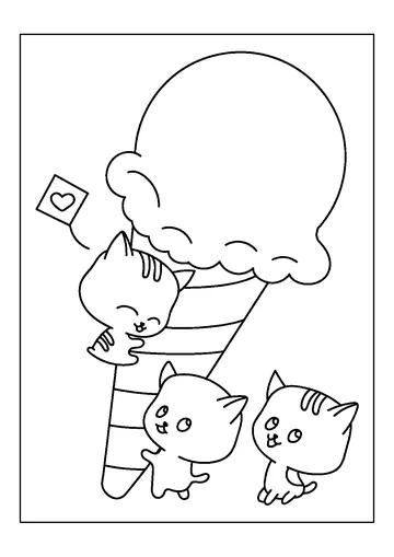 Strawberry Ice Cream with Cute Chibi Cats coloring page