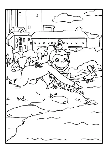 Curious George Playing With Little Ducks coloring page
