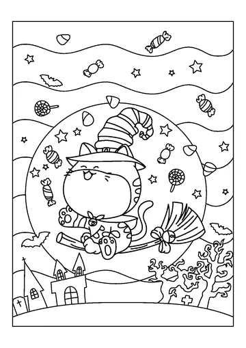 Big Cat on the Broom coloring page