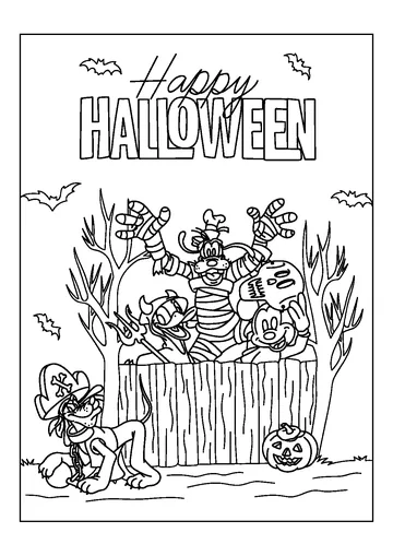 Cartoon Characters in Happy Halloween coloring page