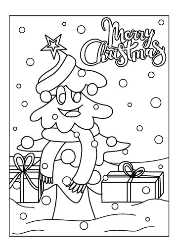 Cute Christmas Tree In Snowy Scenery coloring page