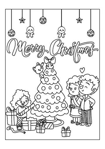 Family Gathering Around The Christmas Tree coloring page
