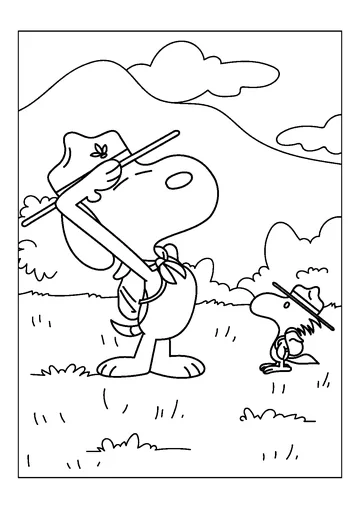 Happy Snoopy and Woodstock coloring page