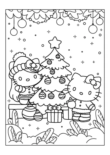Hello Kitty And Christmas Tree coloring page