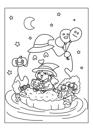 Kid, Pumpkin and Ghost of Halloween coloring page