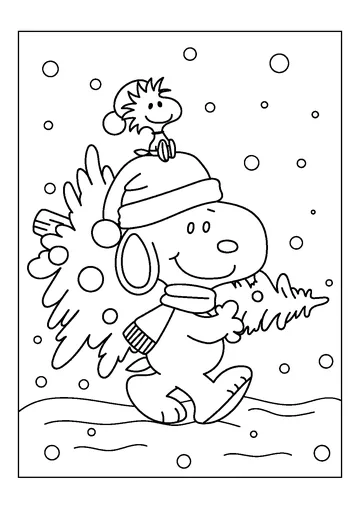Snoopy Holding A Christmas Tree coloring page