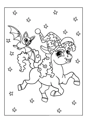 Unicorn and Bat in Happy Halloween coloring page