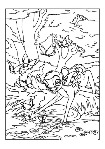 Bambi Playing with many Butterflies coloring page