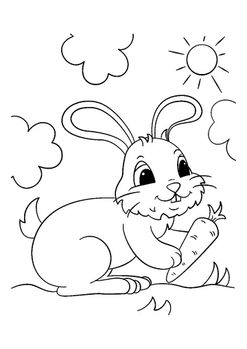 Cute bunny with a carrot in the sunny day coloring page