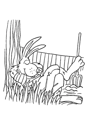 Funny bunny leans on the tree and sleeps coloring page
