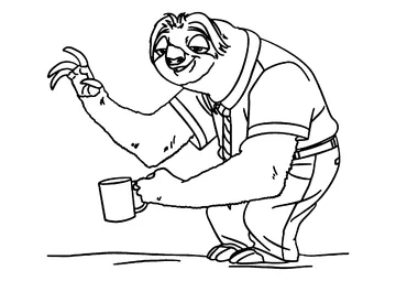 Flash Slothmore greets with cup in hand coloring page