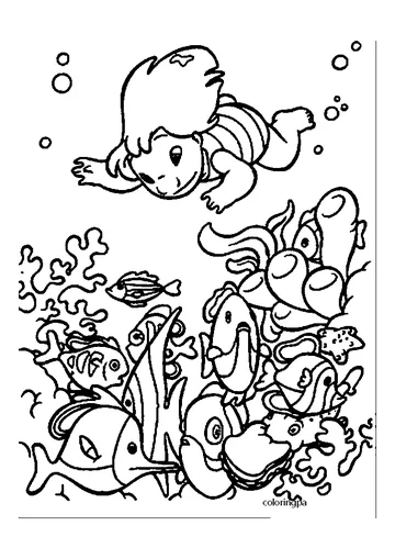 Lilo from Lilo and Stitch are diving under the sea to catch some fish