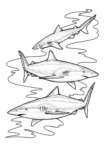 Three tiger sharks likely specialize in certain highly available prey coloring page