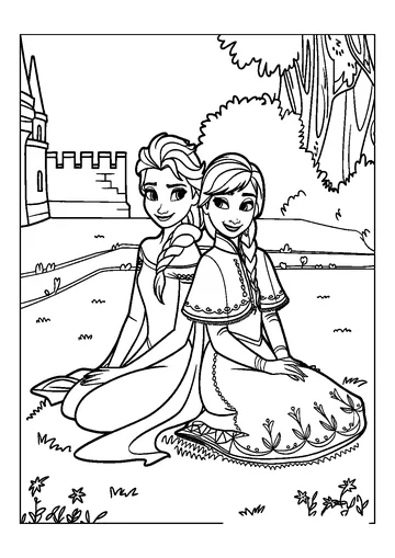 Elsa and Anna on the Grass coloring page