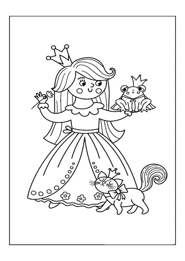 Princess with Frog Prince and Cat coloring page