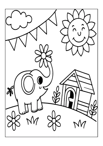 Happy Sun, Hut, Flower and Elephant coloring page