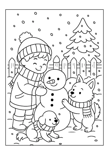 Boy And Dogs Building Snowman coloring page