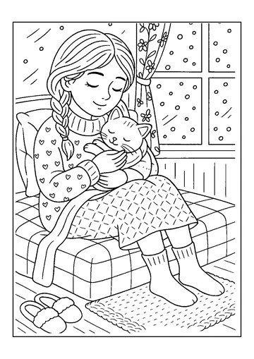 Girl Hugging Kitten coloring page