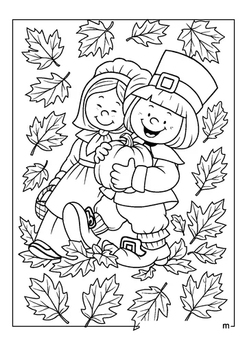 Pilgrim Children Fall Leaves coloring page
