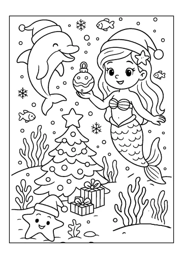 Mermaid Dolphin Underwater Christmas coloring page